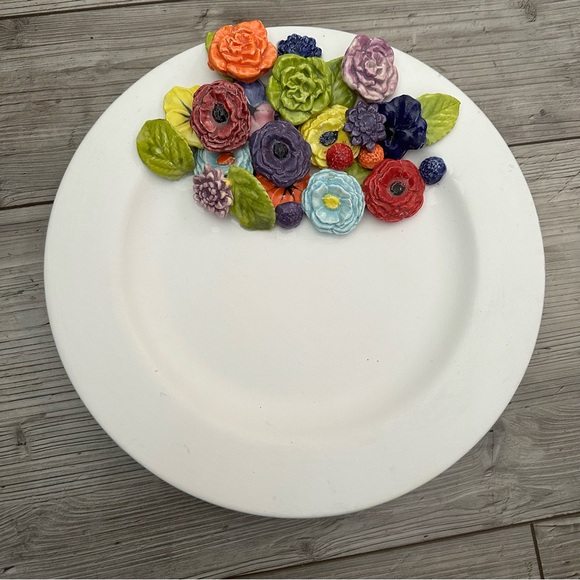 White Plate Dish 11 Inch Applied Flowers